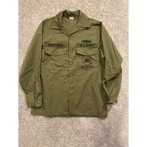 Vintage US Navy SEABEES OG 507 Utility Shirt Olive Green Long Sleeve Vietnam